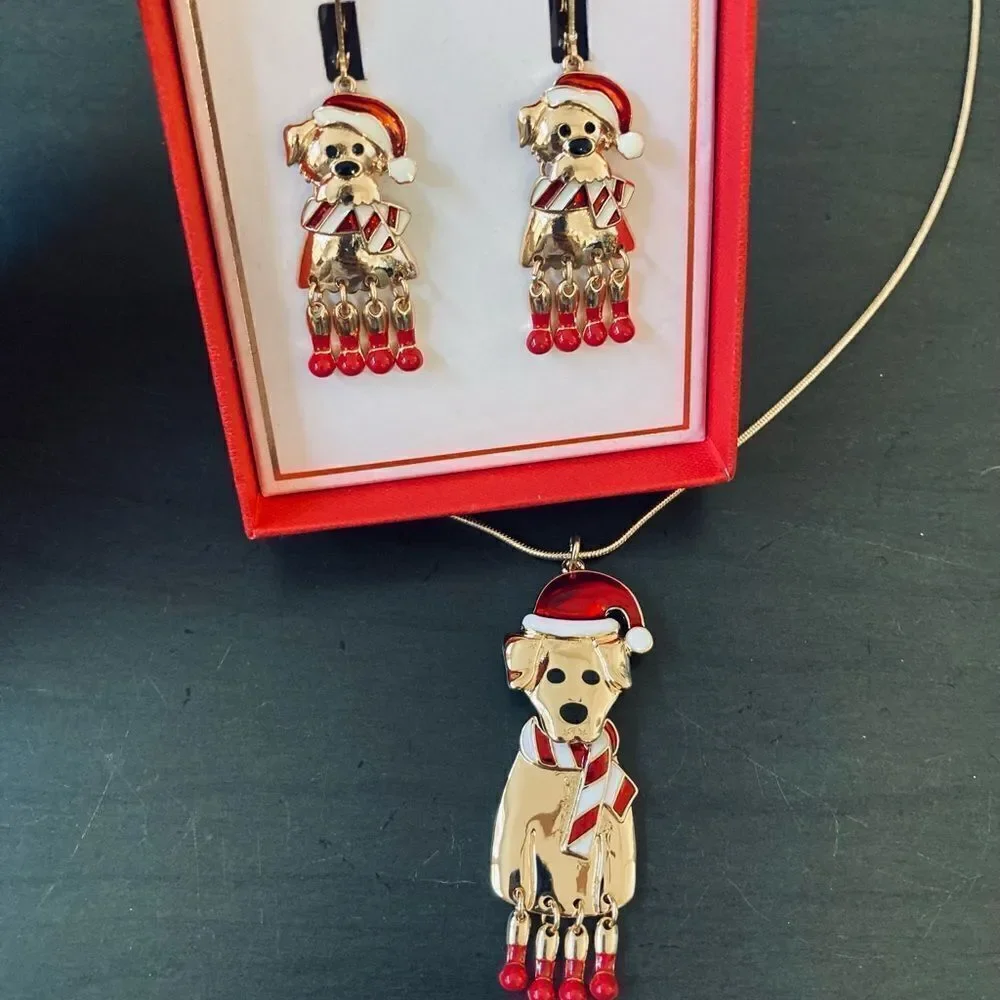 Christmas Dog Gold Holiday Necklace Earrings Set